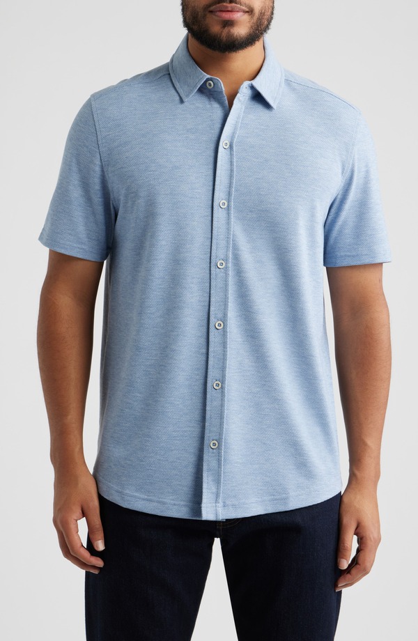 ジョンストンアンドマーフィー メンズ トップス シャツ コットン Johnston & Murphy Bennett Short Sleeve Heathered Cotton Blend Button-Up Shirt Light Blue Honeycomb ブルー