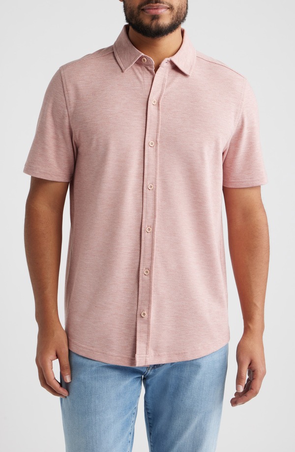 ジョンストンアンドマーフィー メンズ トップス プルオーバー 綿織物 Johnston \u0026 Murphy Bennett Short Sleeve Heathered Cotton Blend Button-Up Shirt Pink Honeycomb サクラ色