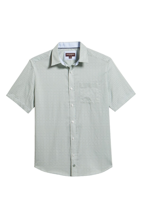 ジョンストンアンドマーフィー メンズ トップス プルオーバー 刷り上げる 綿織物 Johnston \u0026 Murphy Logan Microprint Short Sleeve Cotton Blend Button-Up Shirt Green Hashed Squares 緑であること