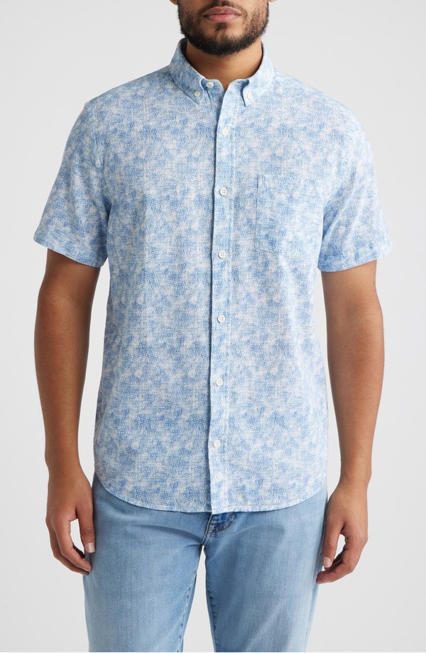 ジョンストンアンドマーフィー メンズ トップス プルオーバー 刷り上げる 綿織物 落ちこむ Johnston \u0026 Murphy Hampton Abstract Print Short Sleeve Stretch Cotton Button-Down Shirt Blue Ombre Grid 青色