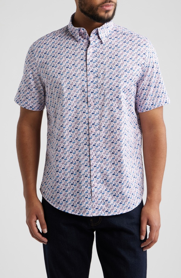 ジョンストンアンドマーフィー メンズ トップス プルオーバー 刷り上げる 綿織物 Johnston \u0026 Murphy Logan Flamingo Print Short Sleeve Cotton Blend Button-Up Shirt Pink / Blue Flamingos 青色