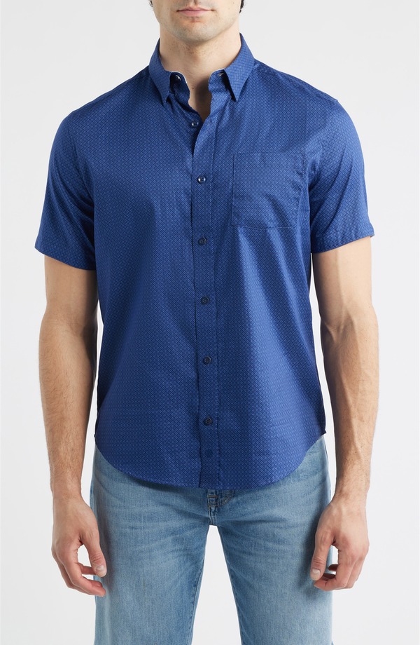 ジョンストンアンドマーフィー メンズ トップス プルオーバー 刷り上げる 綿織物 Johnston \u0026 Murphy Logan Microprint Short Sleeve Cotton Blend Button-Up Shirt Navy Mini Circle 米国海軍