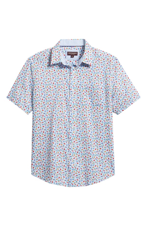ジョンストンアンドマーフィー メンズ トップス プルオーバー 刷り上げる 綿織物 Johnston \u0026 Murphy Logan Cocktail Print Short Sleeve Cotton Blend Button-Up Shir Blue Multi Happy Hour 青色