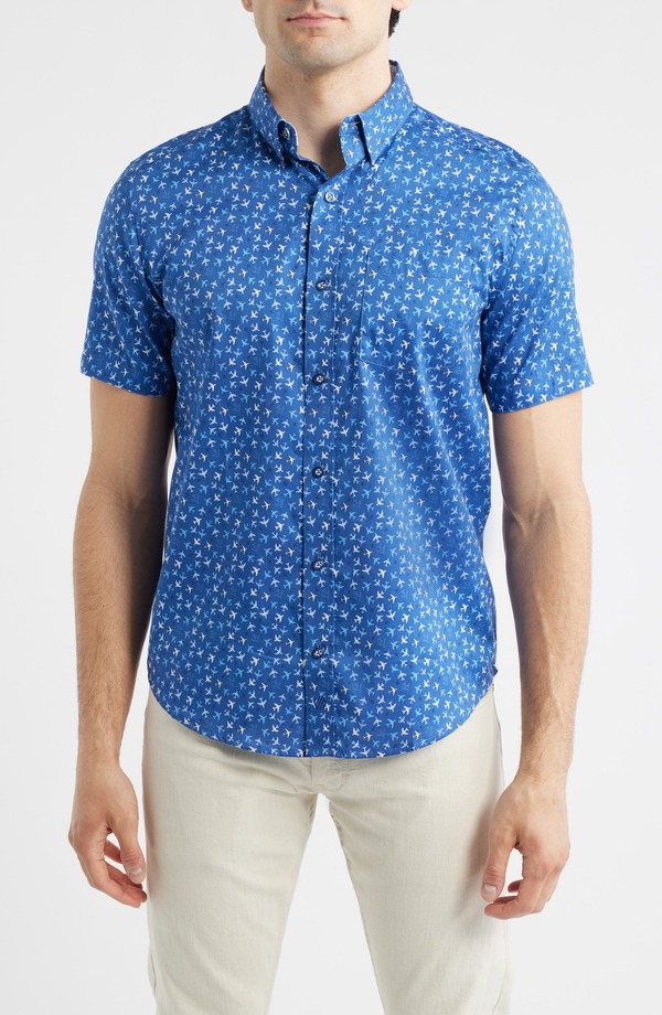 ジョンストンアンドマーフィー メンズ トップス プルオーバー 刷り上げる 綿織物 Johnston \u0026 Murphy Logan Airplane Print Short Sleeve Cotton Blend Button-Up Shirt Navy Flight Paths 米国海軍
