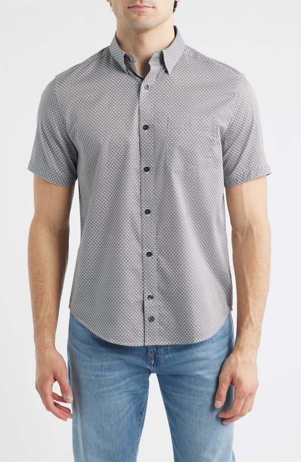 ジョンストンアンドマーフィー メンズ トップス プルオーバー 刷り上げる Johnston \u0026 Murphy Logan Print Short Sleeve Button-Up Shirt Gray Diamond Grid 薄墨色
