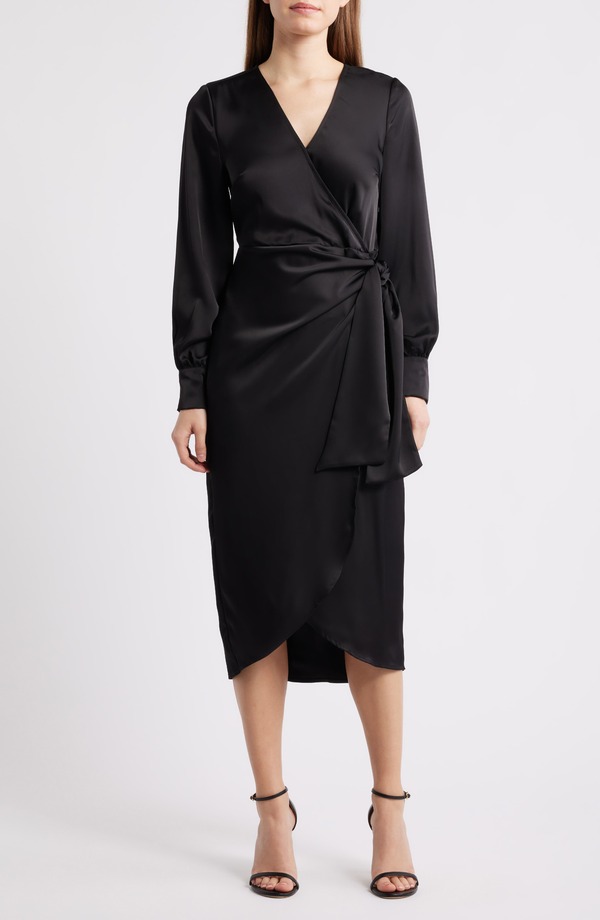 サムエデルマン レディース トップス 衣装 繻子 Sam Edelman Long Sleeve Faux Wrap Satin Dress Black 黒いこと