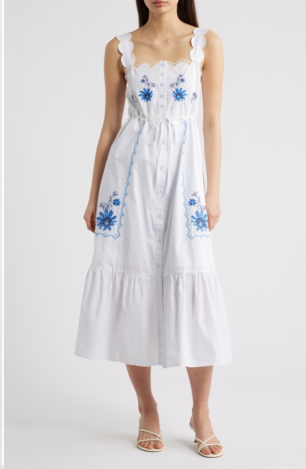 お月さまリバー レディース トップス 衣装 御花柄 綿織物 御花 MOON RIVER Floral Embroidery Detail Cotton Dress Off White/ Blue 象牙色