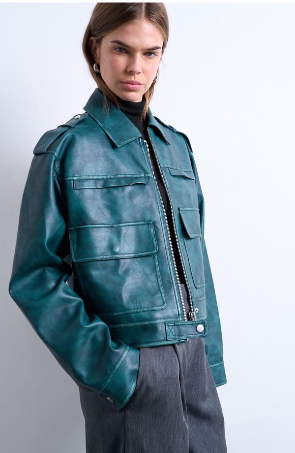 トップショップ レディース アウター ジャケット・ブルゾン レザー フェイクレザー Topshop Washed Faux Leather Zip Jacketurquoise ターコイズ