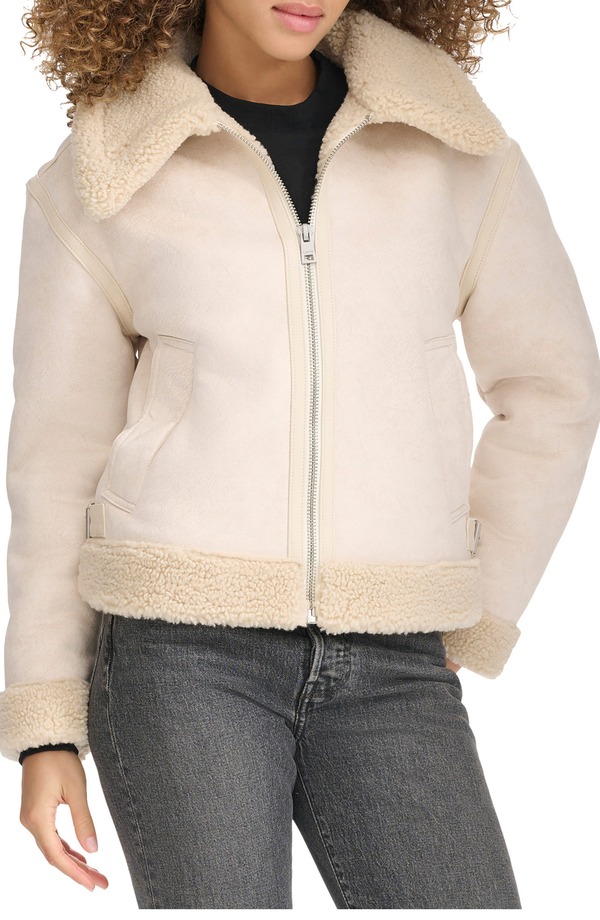 リーバイス レディース アウター ジャケット・ブルゾン レザー フェイクレザー Levi's Faux Leather & Faux Shearling Bomber Jacket Almond Milk