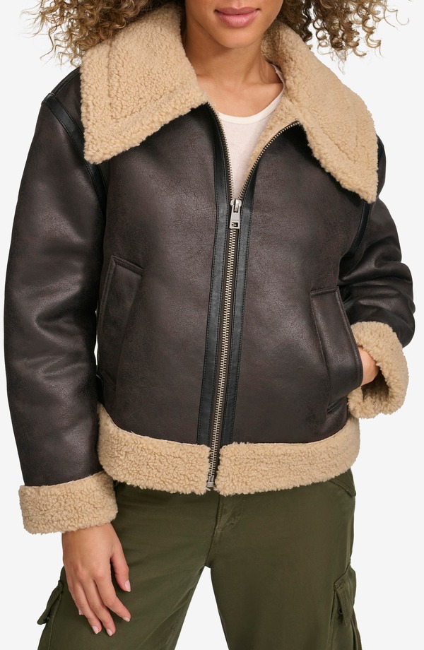 リーバイス レディース アウター ジャケット・ブルゾン レザー フェイクレザー Levi's Faux Leather & Faux Shearling Bomber Jacket Molasses