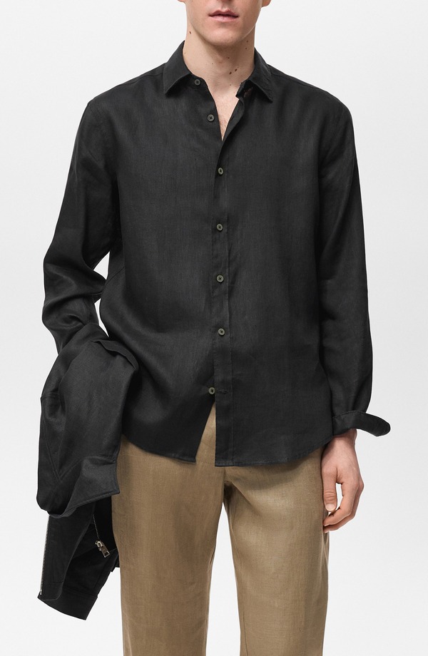 マンゴ メンズ トップス シャツ レギュラーフィット リネン MANGO Regular Fit Linen Button-Up Shirt Black ブラック
