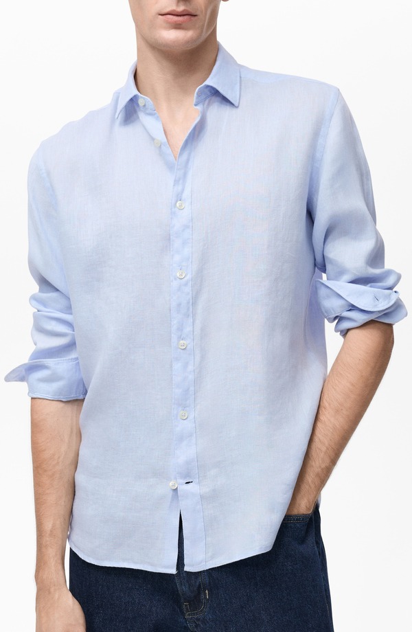 マンゴ メンズ トップス シャツ レギュラーフィット リネン MANGO Regular Fit Linen Button-Up Shirt Sky Blue ブルー｜ReVida 店