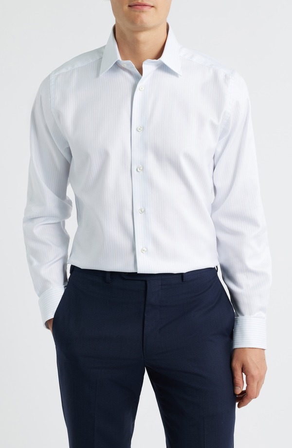 デイビッドドナヒュー メンズ トップス シャツ コットン Davidonahue Trim Fit Stripe Cotton Dresshirt White/ Sky ホワイト