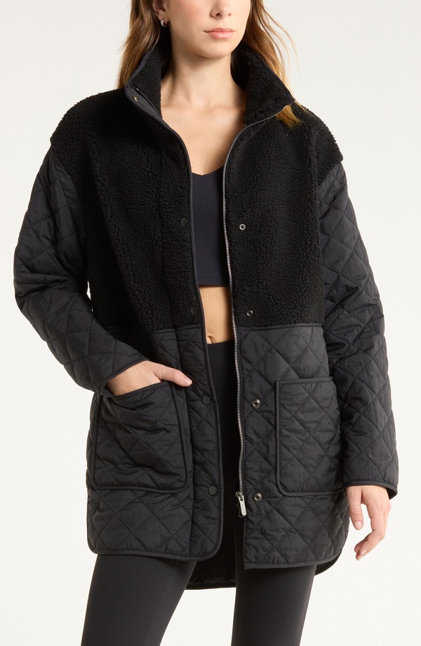 ゼラ レディース アウター ジャケット・ブルゾン キルティング Zella Faux Shearling Hybrid Quilted Long Jacket Black ブラック