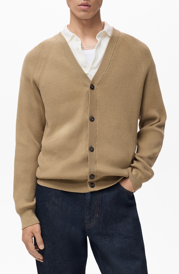 マンゴ メンズ アウター パーカー・スウェット リブ コットン カーディガン MANGO Ribbed Cotton Blend Cardigan Beige ベージュ｜ReVida 店