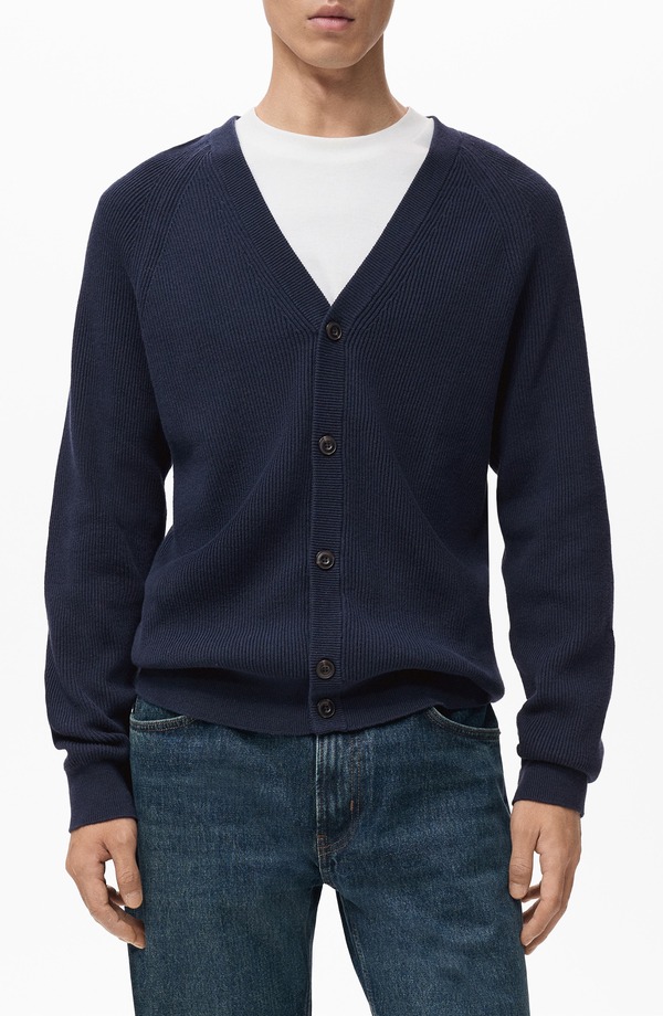 マンゴ メンズ アウター パーカー・スウェット リブ コットン カーディガン MANGO Ribbed Cotton Blend Cardiganavy ネイビー|ReVida 店