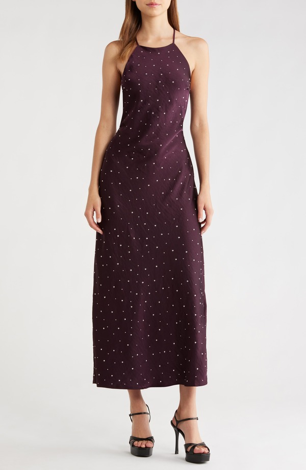 アストール レディース トップス ワンピース オープンバック ミディ サテン ASTR the Label Halley Rhinestone Open Back Satin Midi Dress Deepurple パープル