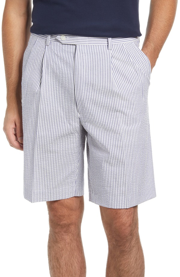 ベール メンズ ボトムス ハーフパンツ・ショーツ プリーツ ショートパンツ Berle Pleated Seersucker Shorts Navy ネイビー｜ReVida 店