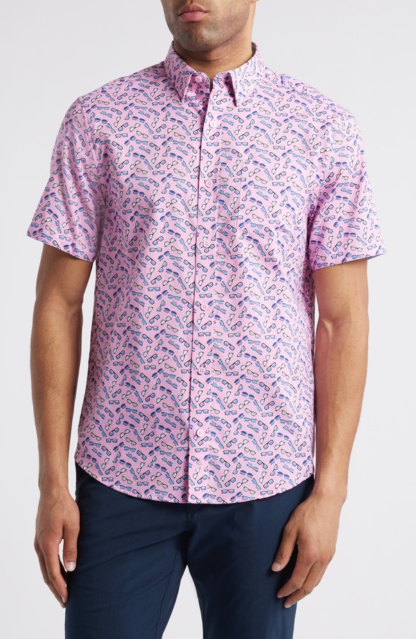 ジョンストンアンドマーフィー メンズ トップス シャツ プリント ダウン Johnston & Murphy Sunglasses Print Short Sleeve Button-Down Shirt Pink ピンク｜ReVida 店
