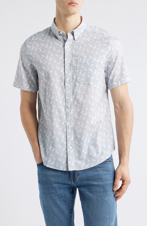 ジョンストンアンドマーフィー メンズ トップス シャツ ボタンダウン プリント ダウン Johnston & Murphy Pelican Print Short Sleeve Button Down Shirt Gray グレー