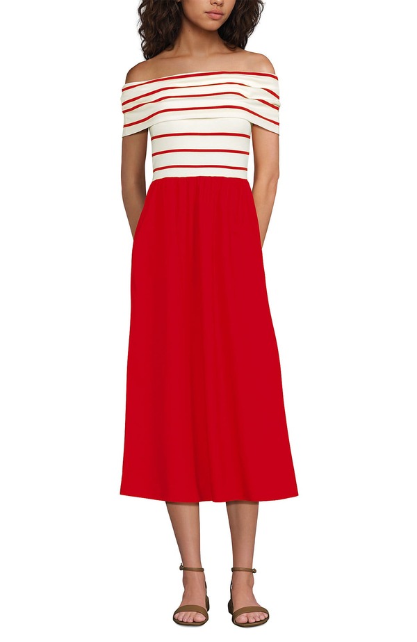 ランズエンド レディース ボトムス カジュアルパンツ Lands' End Off the Shoulder Slender Mixed Media Dress Ivory/Bright Poppy Stripe アイボリー|ReVida 店