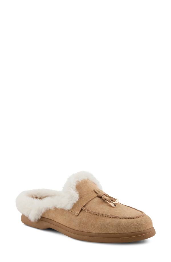 発条足取り レディース シューズ 踵 Spring Step Gistel Faux Fur Trimule Beige Suede ベージュ