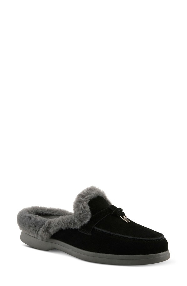 発条足取り レディース シューズ 踵 Spring Step Gistel Faux Fur Trimule Black Suede 黒いこと