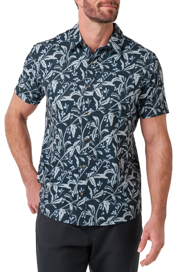 トラビスマヒュー メンズ トップス シャツ フラワー柄 フラワー TravisMathew Techwoven Coast Floral Short Sleeve Performance Button-Up Shirtotal Eclipse|ReVida 店