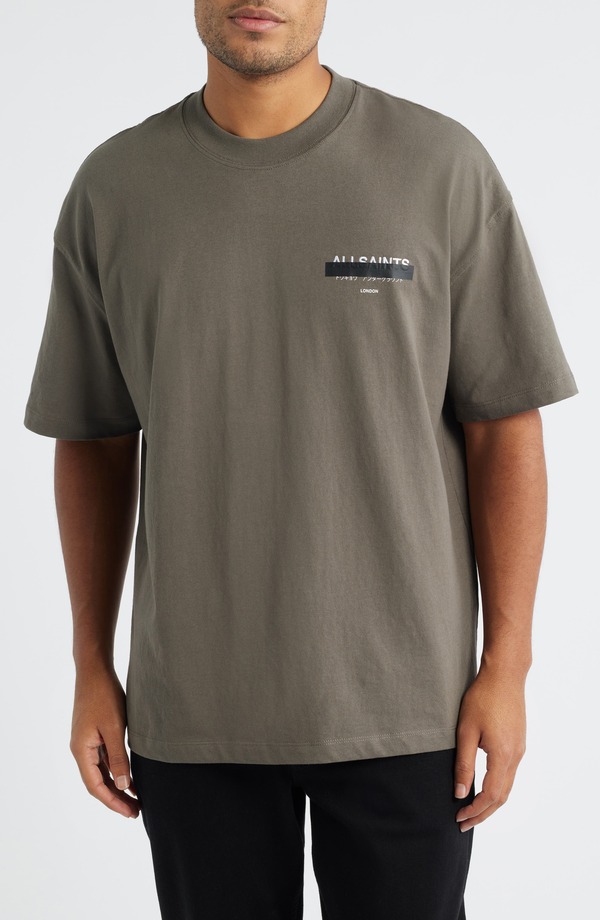 オールセインツ メンズ トップス Tシャツ モックネック グラフィック AllSaints Redact Mock Neck Graphic T-Shirt Forest Green グリーン