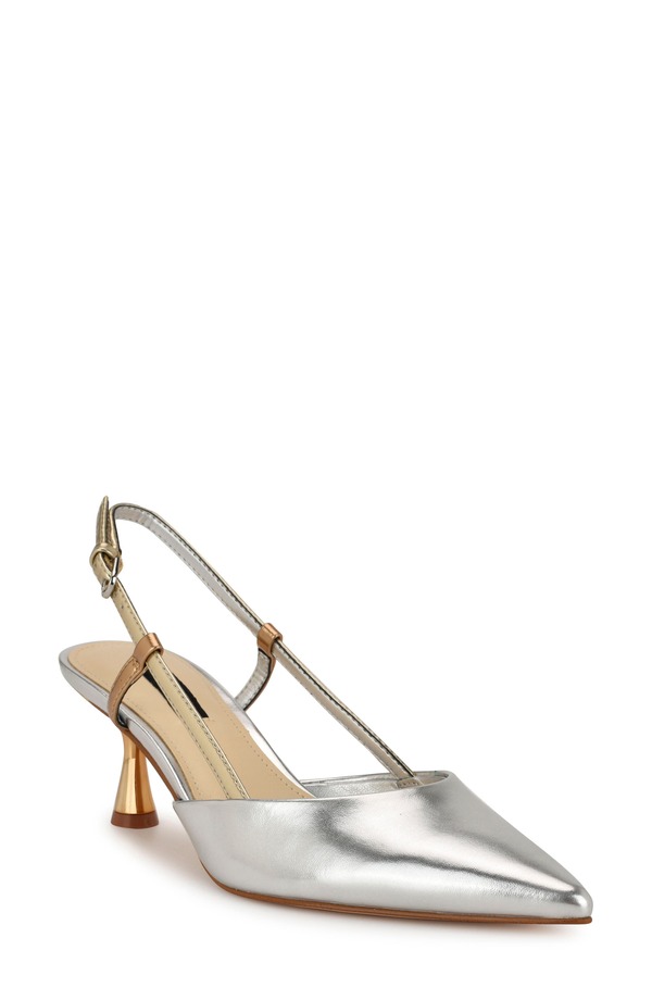 ナインウェスト レディース シューズ 踵 Nine West Rhonda Slingback Pointed Toe Kitten Heel Pump Silver/Gold ゴールド