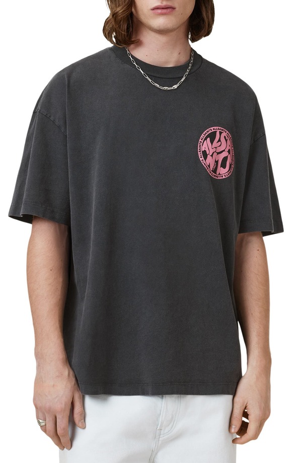 オールセインツ メンズ トップス Tシャツ グラフィック AllSaints Distortion Graphic T-Shirt Washed Black/ Pink ブラック