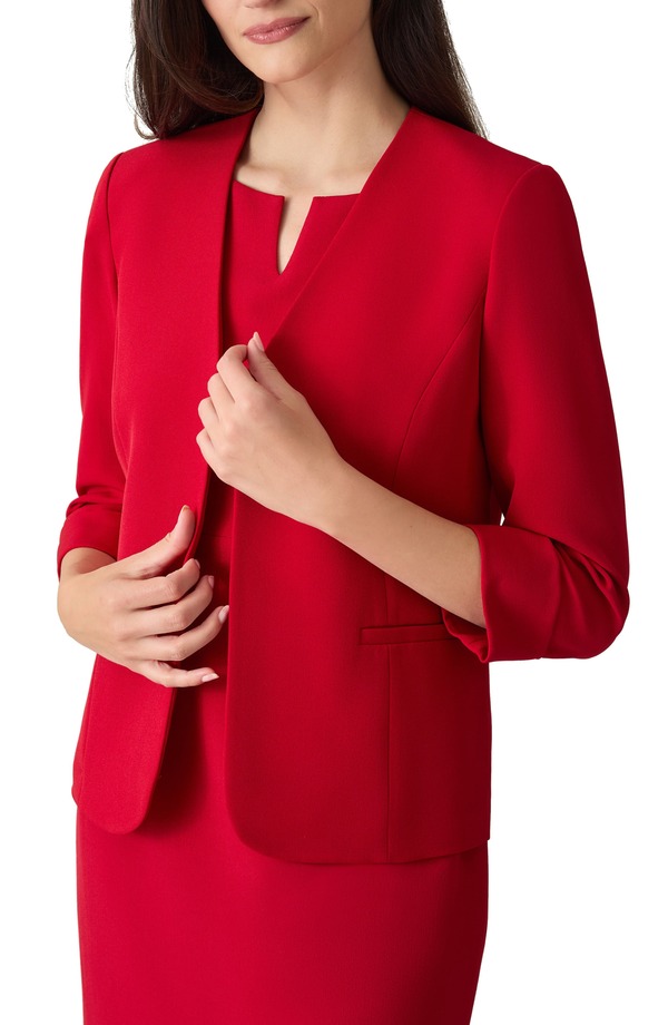 カスパール レディース アウター ジャケット・ブルゾン クレープ カーディガン ブレザー KASPER Cardigan-Style Stretch Crepe Blazer Fired レッド