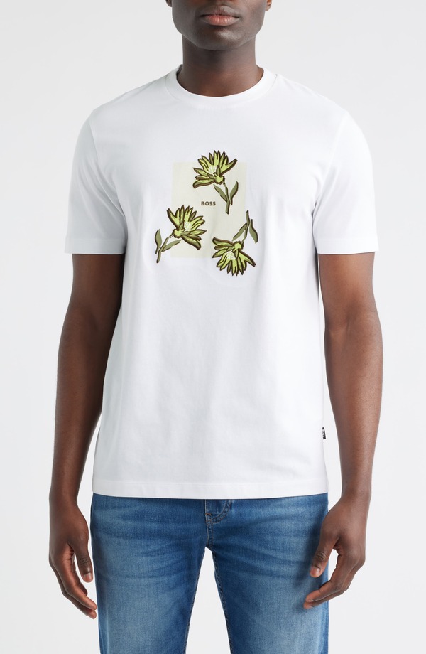 ボス メンズ トップス Tシャツ フラワー柄 コットン ロゴ フラワー グラフィック BOSS Thompson Floralogo Cotton Graphic T-Shirt White ホワイト|ReVida 店