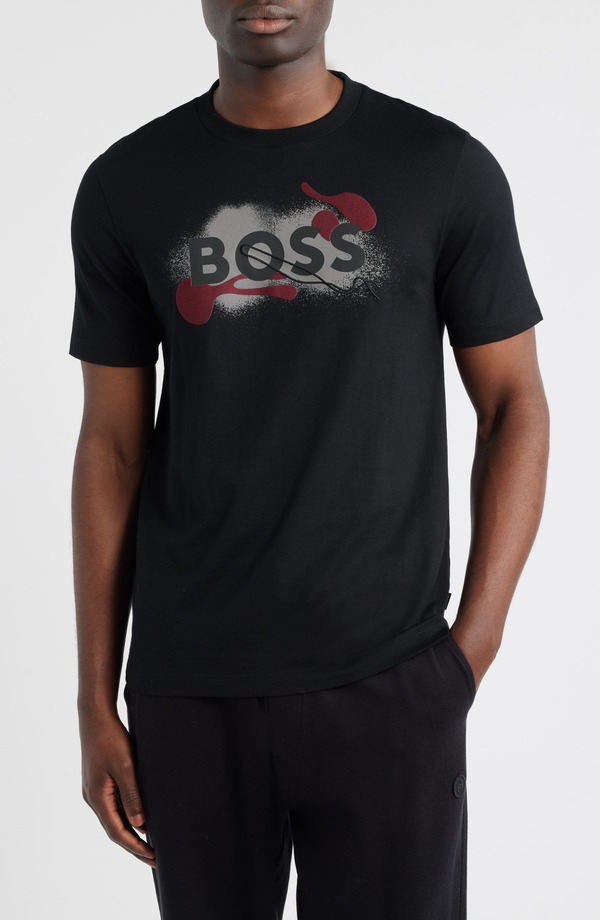 ボス メンズ トップス Tシャツ ロゴ グラフィック Thompson Embossed Logo Graphic T-Shirt Black ブラック