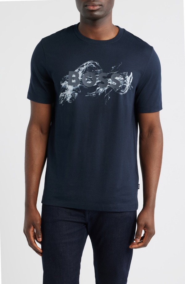ボス メンズ トップス Tシャツ ロゴ グラフィック Thompson Embossed Logo Graphic T-Shirt Dark Blue ブルー