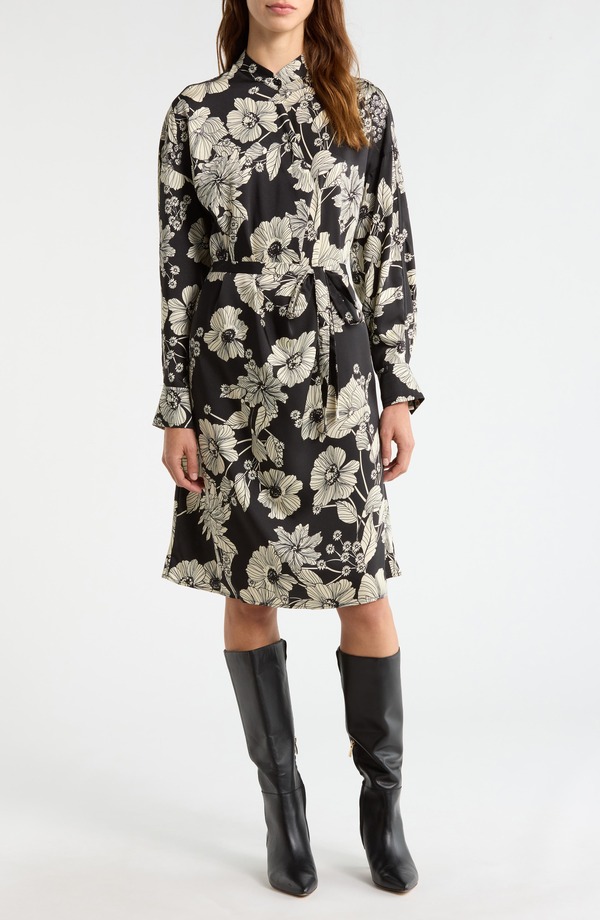 メロデイ レディース トップス ワンピース フラワー柄 フラワー MELLODAY Floral Tie Belt Long Sleeve Dress Black Flower Multi ブラック