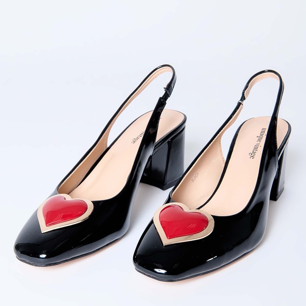 ユニークビンテージ レディース シューズ 踵 なめし革 Unique Vintage Heart Leatherette Slingback Heels Patent Black W/ Heart 黒いこと