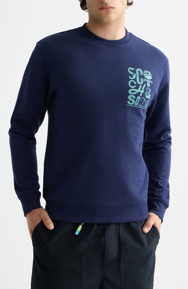 スコッチアンドソーダ メンズ アウター パーカー・スウェット クルーネック シャツ ロゴ グラフィック Scotch & Soda Logo Graphicrewneck Sweatshirt Peacoat｜ReVida 店