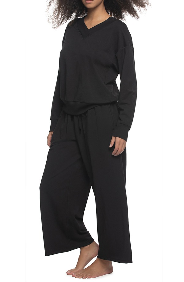 フェリナ レディース アンダーウェア ナイトウェア リラックスフィット ワイドレッグ パイル コットン Felina Kimora Relaxed Fit Wide Leg Stretch Cotton Blend French Terry Pajamas Black ブラック