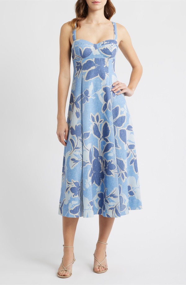 ムーンリバー レディース トップス ワンピース A ライン フラワー柄 ミディ エンパイア フラワー MOON RIVER Floral Empire Waist A-Line Midi Dress Blue Multi ブルー