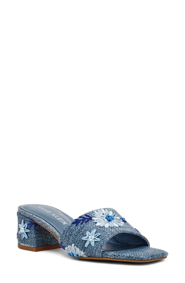 アンクライン レディース シューズ 踵 サンダル Anne Klein Dolls Block Heel Sandal Blue Raffia 青み