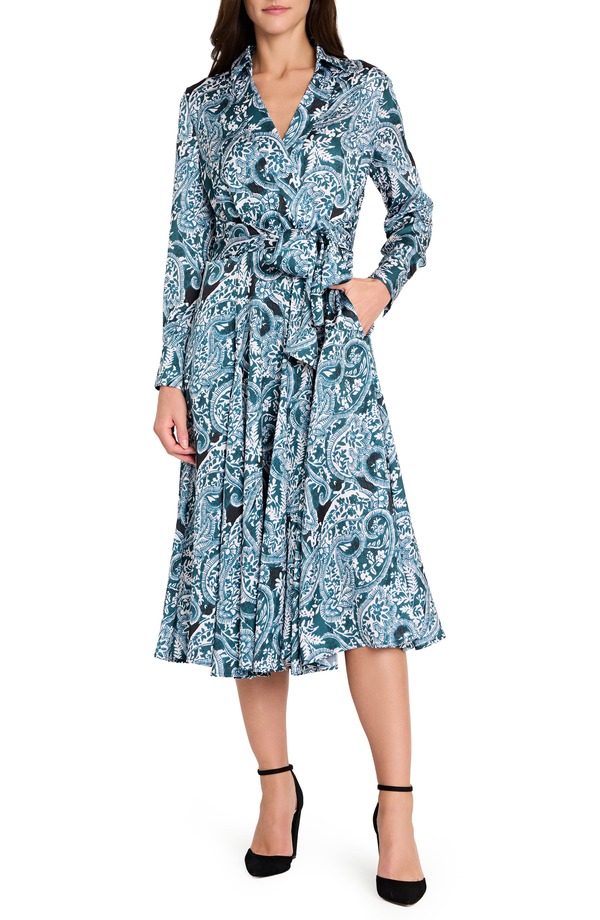 タハリエーエスエル レディース トップス ワンピース シャツ サテン Tahari ASL Tie Belt Matte Satin Shirtdress Teal ティール
