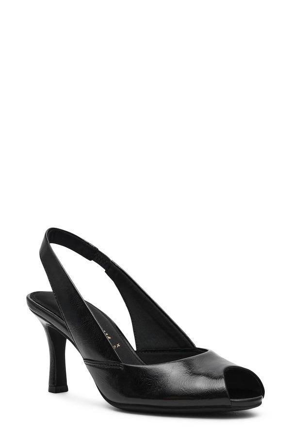 アンクライン レディース シューズ 踵 Anne Klein Jovi Slingback Peep Toe Pump Black Crinkle 黒いこと