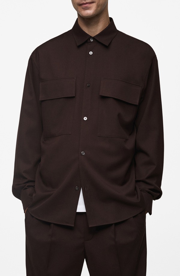 マンゴ メンズ トップス シャツ スリムフィット MANGO Slim Fit Chest Pocket Button-Up Shirt Chocolate チョコレート