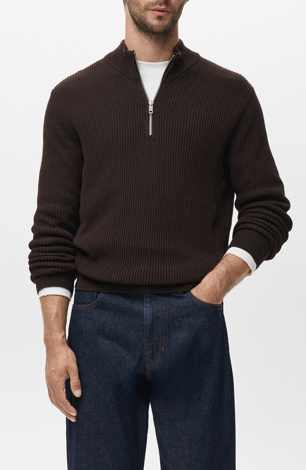マンゴ メンズ アウター パーカー・スウェット ハーフジップ スウェーター MANGO Perkins Quarter Zip Sweater Chocolate 黒茶