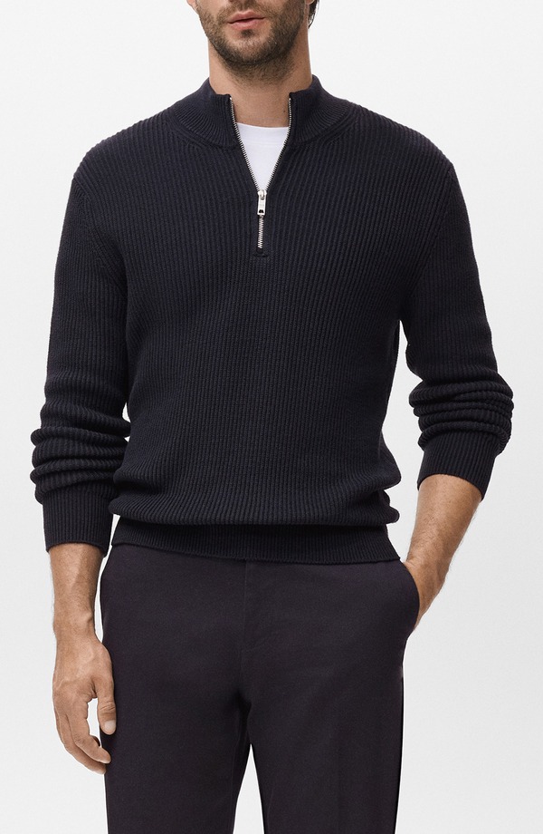 マンゴ メンズ アウター パーカー・スウェット ハーフジップ スウェーター MANGO Perkins Quarter Zip Sweater Navy 米国海軍