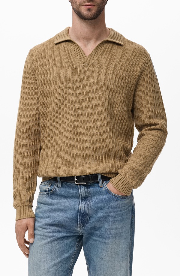 マンゴ メンズ アウター パーカー・スウェット スポーツシャツ スウェーター 綿織物 MANGO Structured Cotton Polo Sweater Beige ベージュ