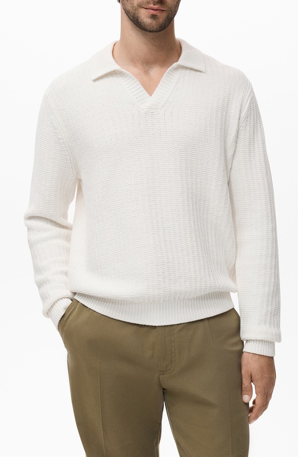 マンゴ メンズ アウター パーカー・スウェット スポーツシャツ スウェーター 綿織物 MANGO Structured Cotton Polo Sweater Off White 象牙色