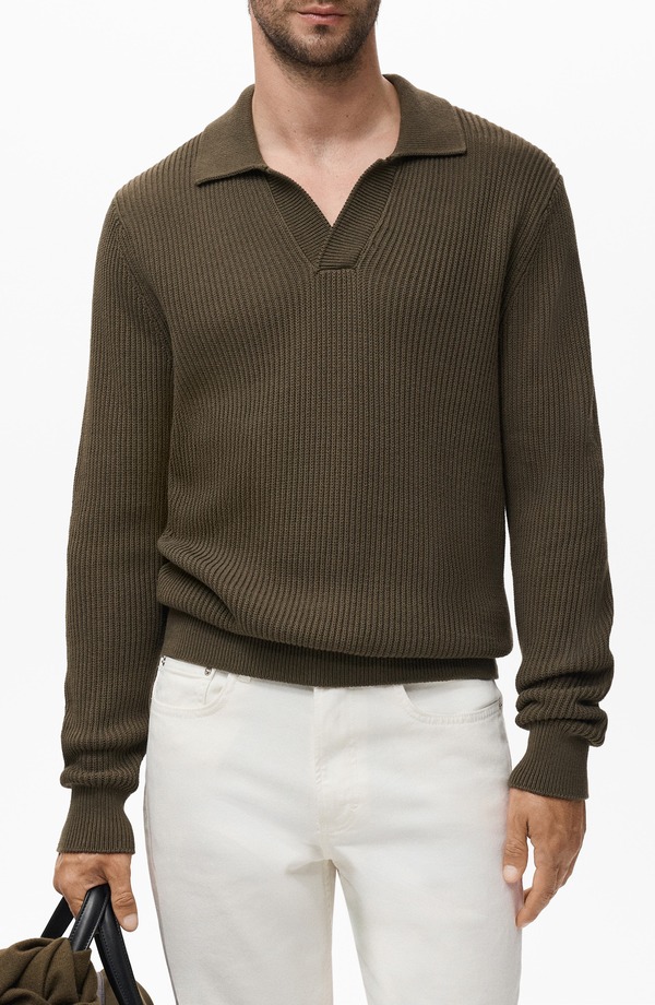 マンゴ メンズ アウター パーカー・スウェット スポーツシャツ スウェーター 綿織物 MANGO Structured Cotton Polo Sweater Olive Green 緑であること