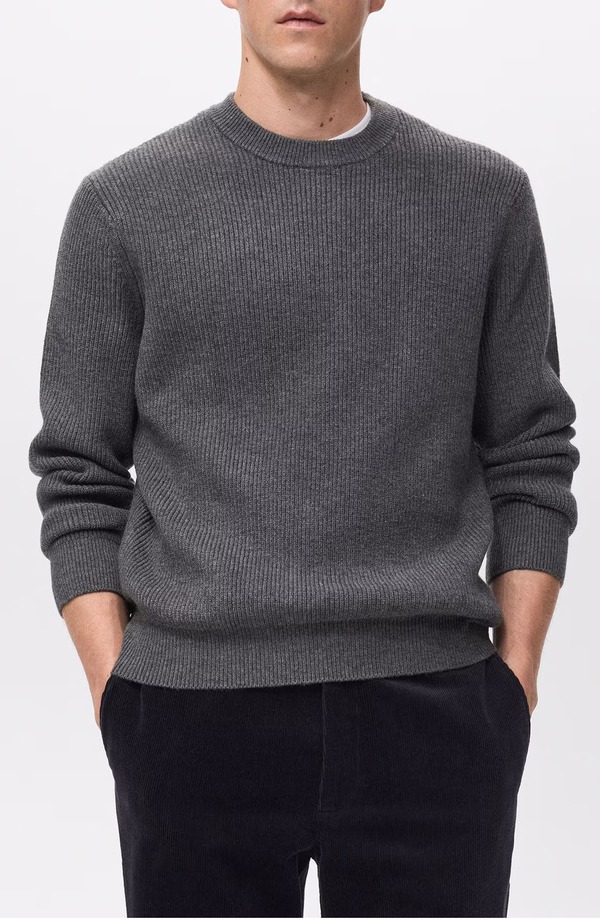 マンゴ メンズ アウター パーカー・スウェット 労働者の一団素っ首 スウェーター MANGO Rib Crewneck Sweater Dark Heather Grey 薄墨色